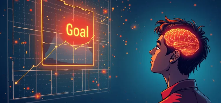 A drawing of a man looking at a goal chart when his brain is glowing illustrates the reticular activating system