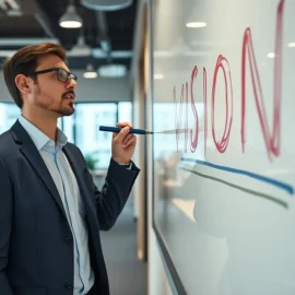 A man in an office writing the word "Vision" on a whiteboard illustrates how to create a vision