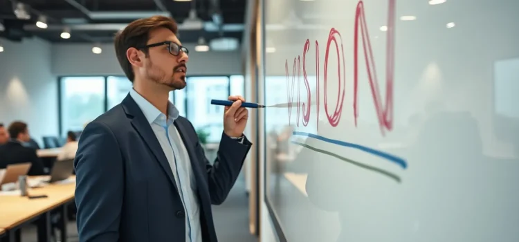 A man in an office writing the word "Vision" on a whiteboard illustrates how to create a vision