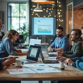 Five members of a team working on marketing strategy around a table in an open office space