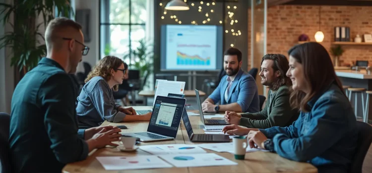 Five members of a team working on marketing strategy around a table in an open office space