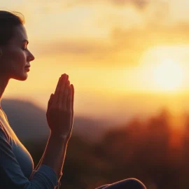 A woman meditating next to a sunset, improving her mind body connection health.