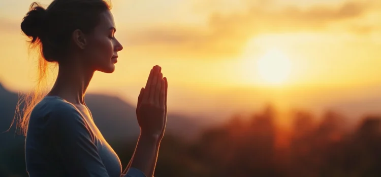 A woman meditating next to a sunset, improving her mind body connection health.