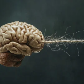 A broken string holding onto a brain, representing a mindbody disorder