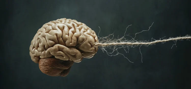 A broken string holding onto a brain, representing a mindbody disorder