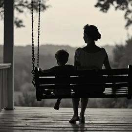 A silhouette of a mother and her small son, seen from behind, sitting on a porch swing in Kentucky in the 1950s