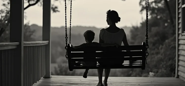 A silhouette of a mother and her small son, seen from behind, sitting on a porch swing in Kentucky in the 1950s