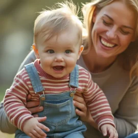 A smiling mother with blonde hair holding her child wearing denim overalls illustrates awe moments