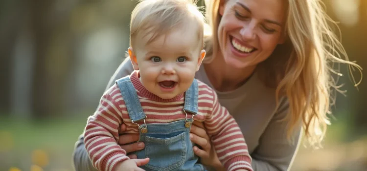 A smiling mother with blonde hair holding her child wearing denim overalls illustrates awe moments