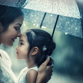 A mother holding an umbrella over her daughter in the rain, representing overprotective parenting