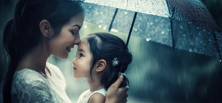 A mother holding an umbrella over her daughter in the rain, representing overprotective parenting