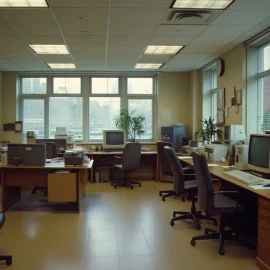 A sports betting office with computers in the 1980s