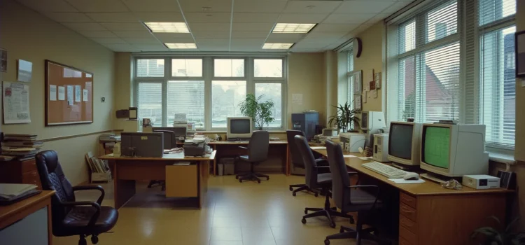 A sports betting office with computers in the 1980s