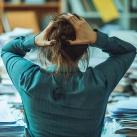 A woman holding her head surrounded by paperwork, showing how stress causes chronic pain