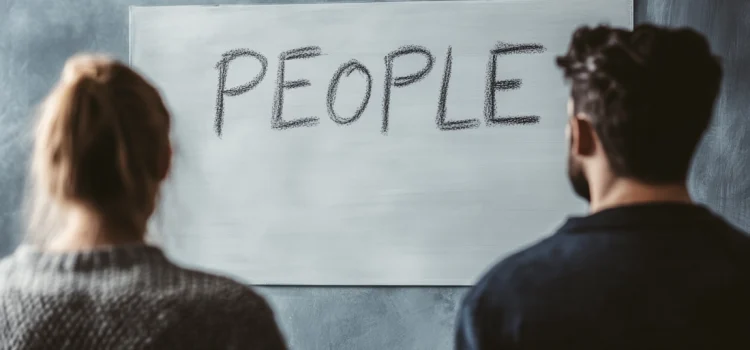 A man and woman looking at a whiteboard that reads "PEOPLE" to learn how to understand people better