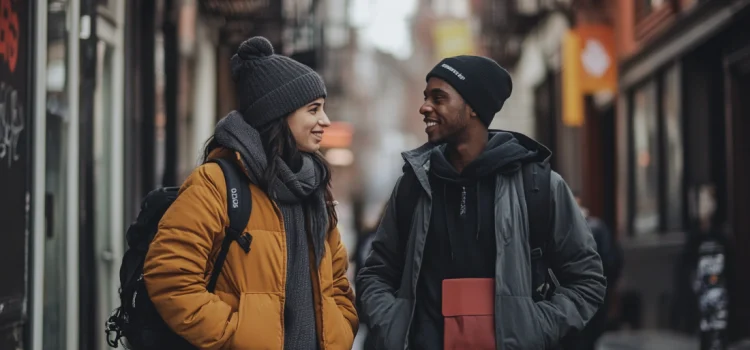 Two people getting to know each other by talking on the street