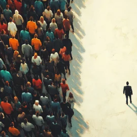 A man walking alone beside a crowd, representing individuals vs. people