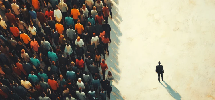 A man walking alone beside a crowd, representing individuals vs. people