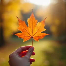 A person holding a maple leaf by the stem and holding it up in the sunlight illustrates awe-inspiring nature