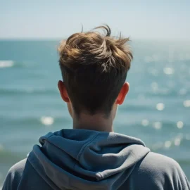 A person with short hair, seen from behind, looking at the ocean illustrates how to experience awe