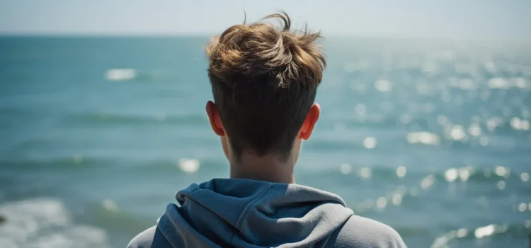 A person with short hair, seen from behind, looking at the ocean illustrates how to experience awe