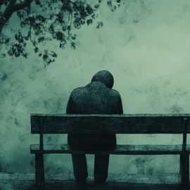 A person wearing a hooded jacket sitting on a bench and feeling helpless in life, set in a gloomy atmosphere