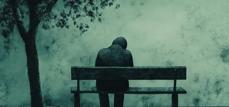 A person wearing a hooded jacket sitting on a bench and feeling helpless in life, set in a gloomy atmosphere