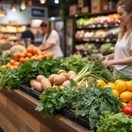 A woman shopping in the produce section of a market illustrates the benefits of a whole-food plant-based diet