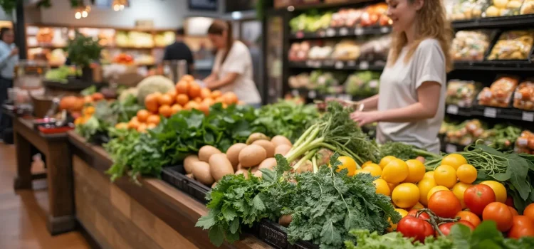 A woman shopping in the produce section of a market illustrates the benefits of a whole-food plant-based diet