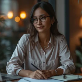 A woman with dark hair, glasses, a laptop, and papers uses the AIDA copywriting model: Attention, Interest, Desire, Action