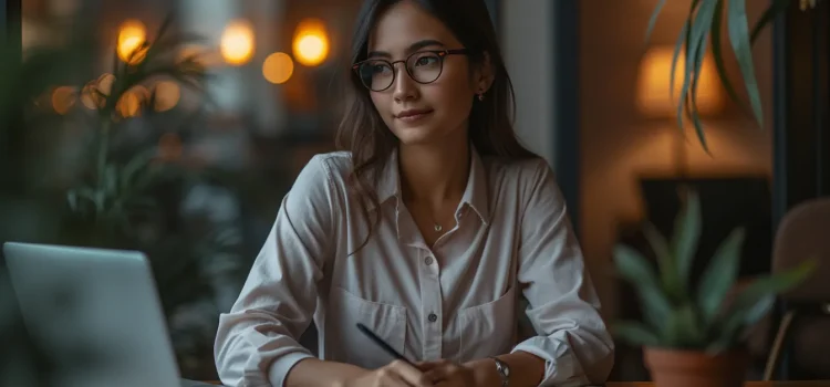 A woman with dark hair, glasses, a laptop, and papers uses the AIDA copywriting model: Attention, Interest, Desire, Action