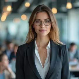 A professional woman wearing glasses and a grey suit in an open workspace illustrates marketing career advice