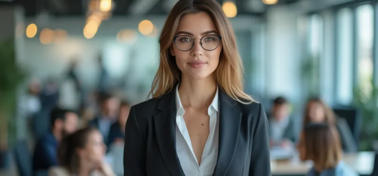 A professional woman wearing glasses and a grey suit in an open workspace illustrates marketing career advice