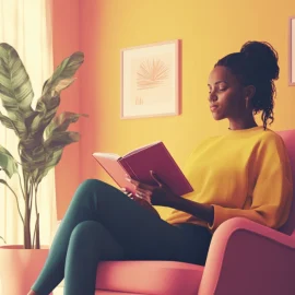 A woman reading a book in a therapist's office