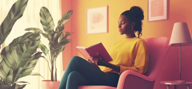 A woman reading a book in a therapist's office