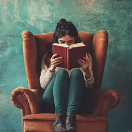 A woman reading a book in a chair