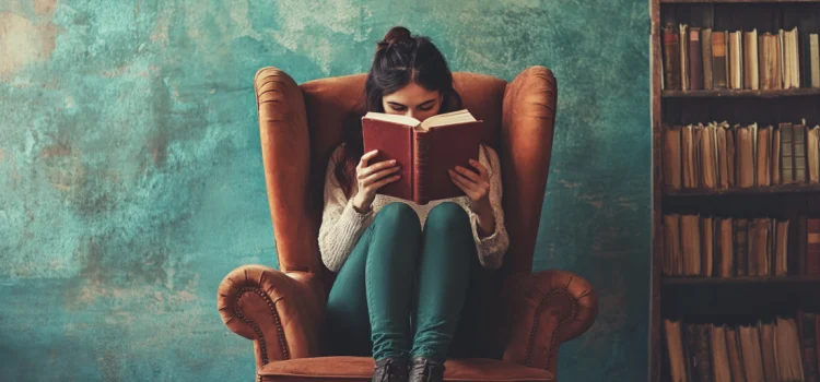 A woman reading a book in a chair