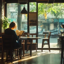 A woman reading a book in a coffee shop at a table