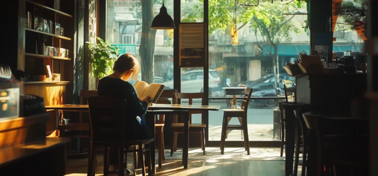 A woman reading a book in a coffee shop at a table