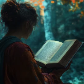 A woman reading a book outside in the woods