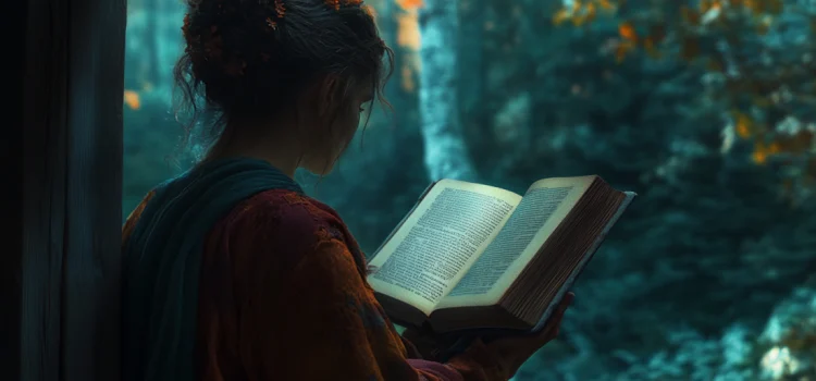 A woman reading a book outside in the woods