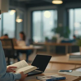 A woman with glasses and long blonde hair reading a book at her desk in an open workspace