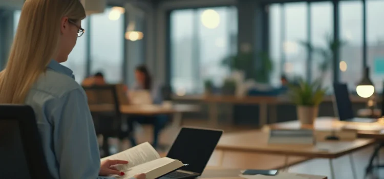 A woman with glasses and long blonde hair reading a book at her desk in an open workspace