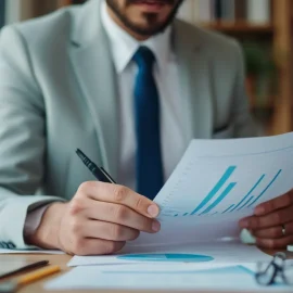 A professional man with a beard and blue tie looking at papers with charts illustrates the first step in problem-solving