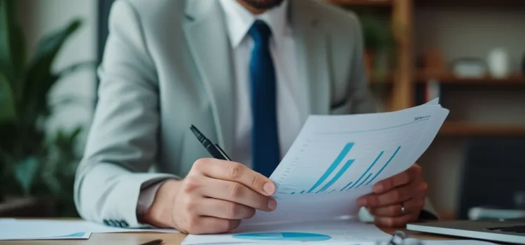 A professional man with a beard and blue tie looking at papers with charts illustrates the first step in problem-solving