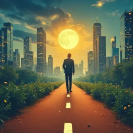 A man in a business suit seen from behind walking toward the sun on a path in a city illustrates a long-term business goal