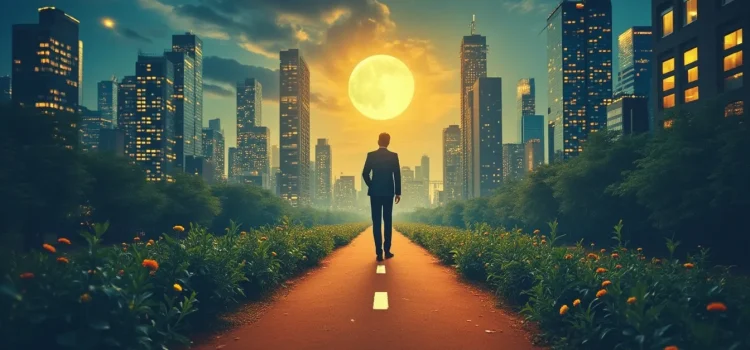 A man in a business suit seen from behind walking toward the sun on a path in a city illustrates a long-term business goal