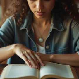 A woman with dark curly hair and a denim shirt reading a book and contemplating the philosophy of the will to power