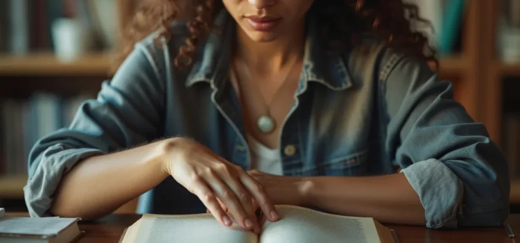 A woman with dark curly hair and a denim shirt reading a book and contemplating the philosophy of the will to power