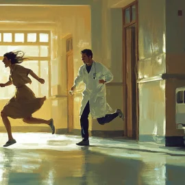 A patient running away from a doctor in illness denial